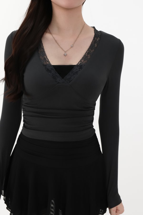 CNY2026 | Lilah Lace Trim Layered Sleeved Top in Dark Grey x Black