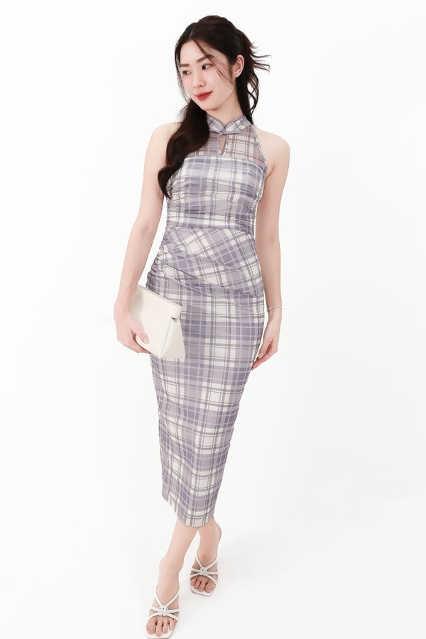 CNY2026 | Pei Plaid Mesh Cheongsam Dress in Soft Lilac