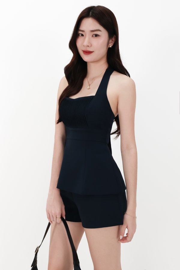 DEFECT | Cherish Co-ord Pleat Halter Top in Midnight in M