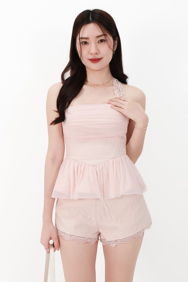 CNY2026 | Lovine Lace x Mesh Peplum Co-ord Top in Nude Blush