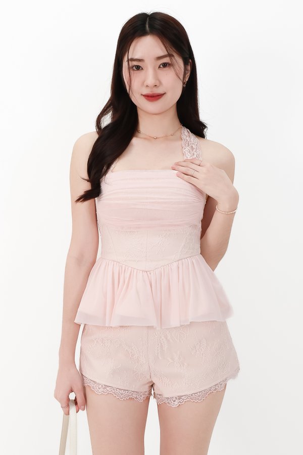 DEFECT | Lovine Lace x Mesh Peplum Co-ord Top in Nude Blush in M