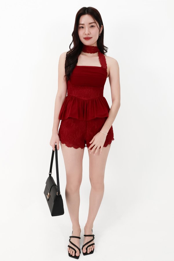 CNY2026 | Lovine Lace x Mesh Co-ord Set in Dark Red