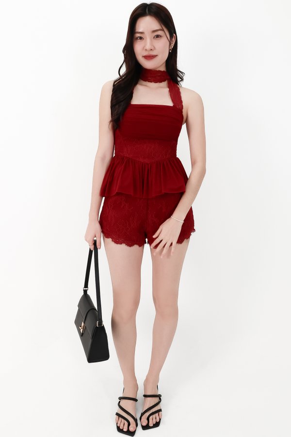 CNY2026 | Lovine Lace x Mesh Co-ord Set in Dark Red