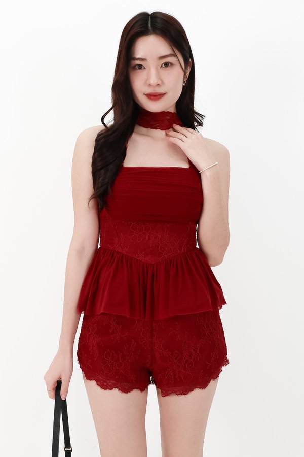 CNY2026 | Lovine Lace x Mesh Peplum Co-ord Top in Dark Red