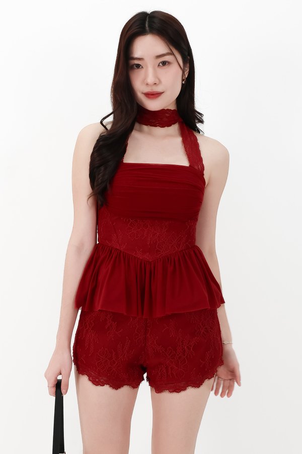CNY2026 | Lovine Lace x Mesh Peplum Co-ord Top in Dark Red