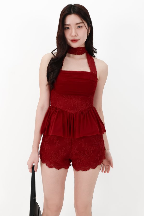CNY2026 | Lovine Lace x Mesh Co-ord Set in Dark Red