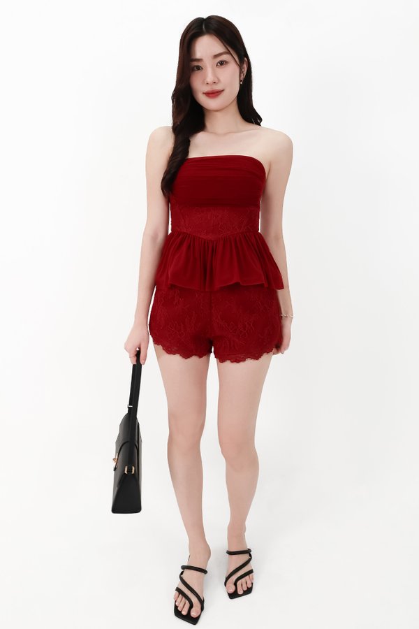 CNY2026 | Lovine Lace x Mesh Co-ord Set in Dark Red