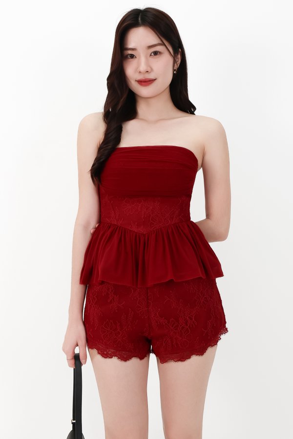CNY2026 | Lovine Lace x Mesh Peplum Co-ord Top in Dark Red