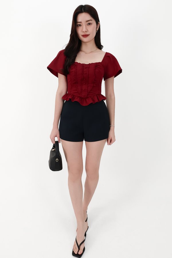 CNY2026 | Fora Flutter Sleeve Sweetheart Top in Dark Red
