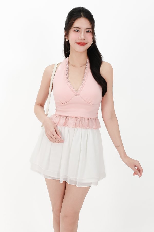 CNY2026 | Casual Women Halter Eyelet Hem Top in Light Pink