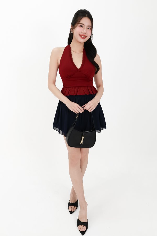 CNY2026 | Casual Women Halter Eyelet Hem Top in Dark Red