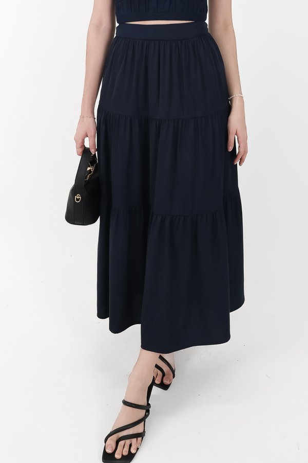 CNY2026 | Serena Satin Tiered Maxi Skirt in Midnight ( Petite Length )