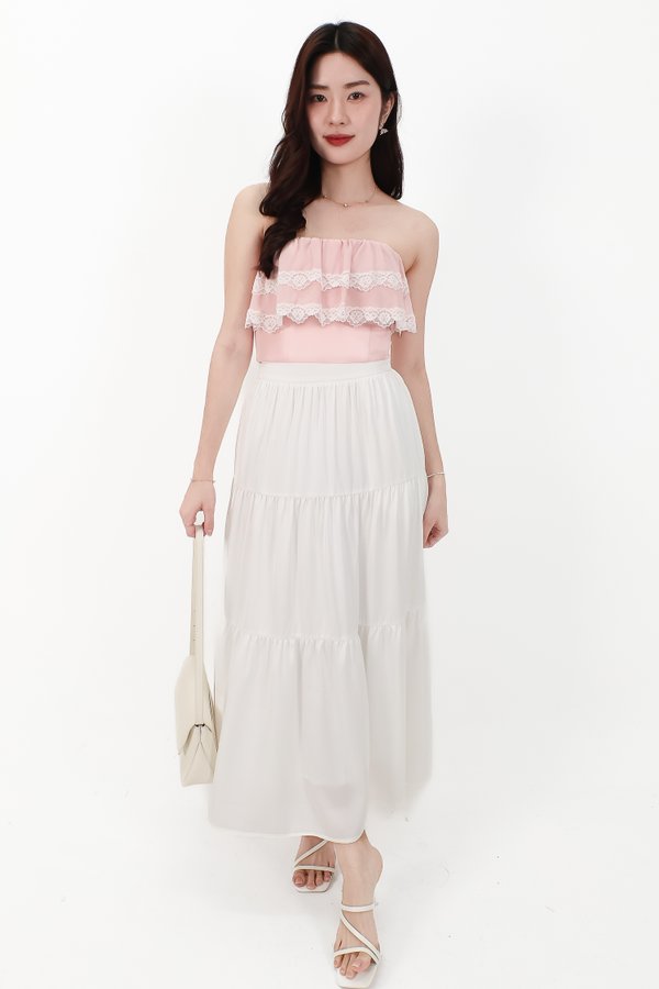 DEFECT | Serena Satin Tiered Maxi Skirt in White ( Petite Length ) in XS