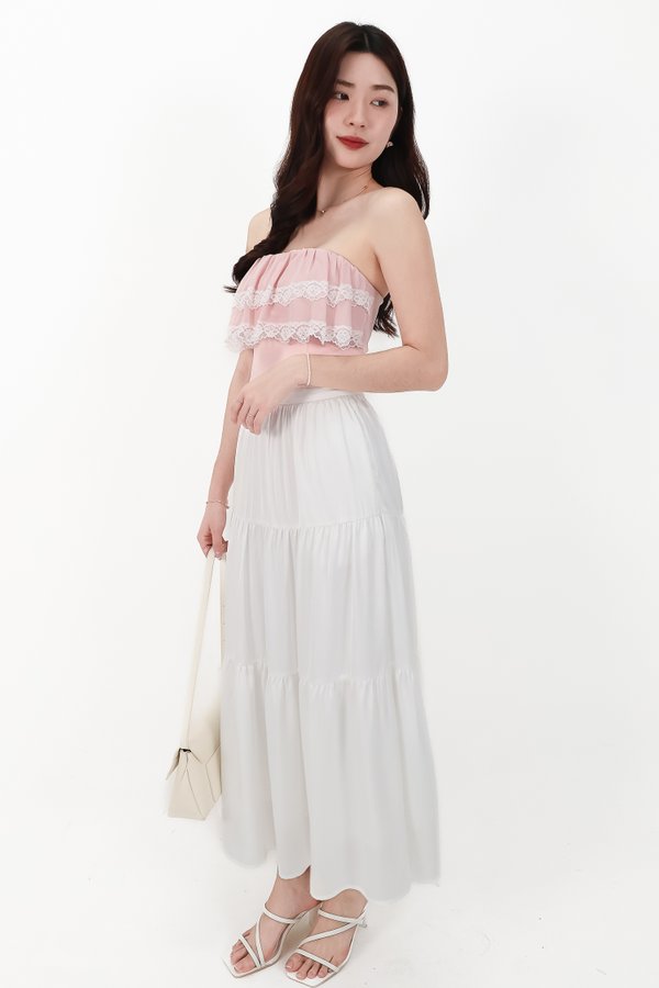 CNY2026 | Serena Satin Tiered Maxi Skirt in White ( Petite Length )