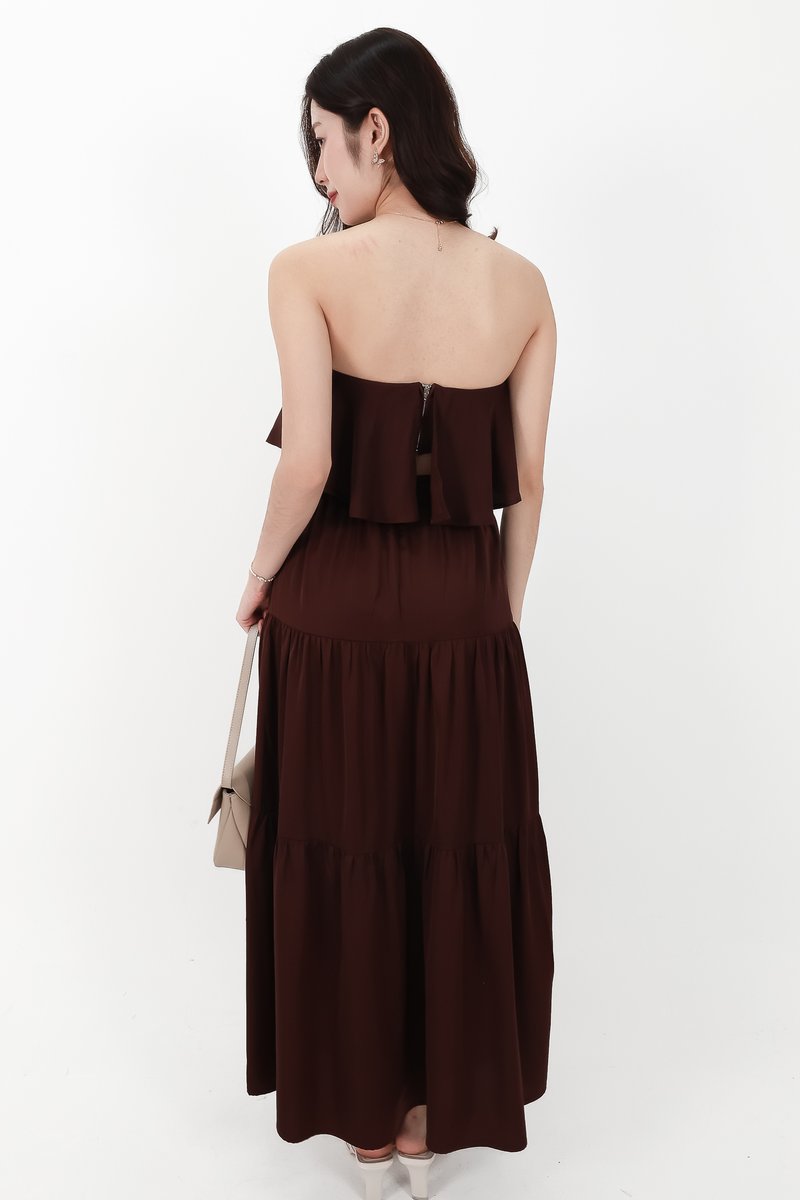 CNY2026 | Serena Satin Tiered Maxi Skirt in Dark Brown ( Regular Length )