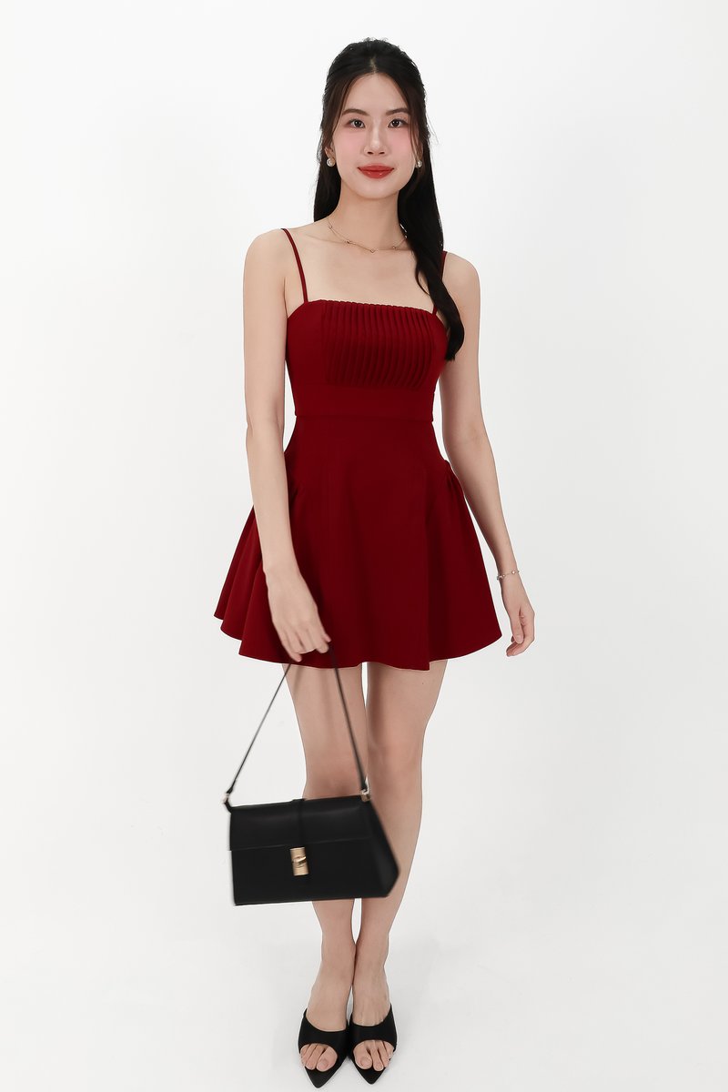 CNY2026 | Pleated Women Romper Dress in Dark Red