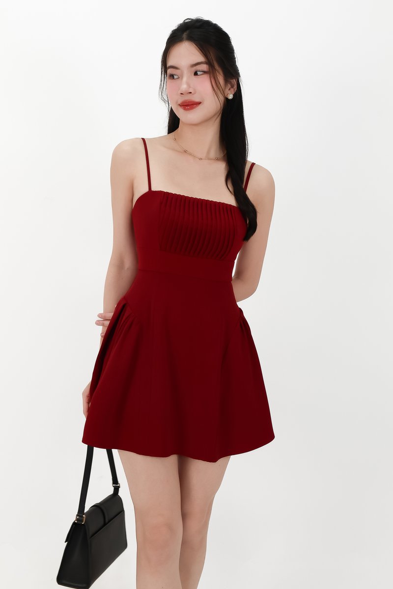 CNY2026 | Pleated Women Romper Dress in Dark Red