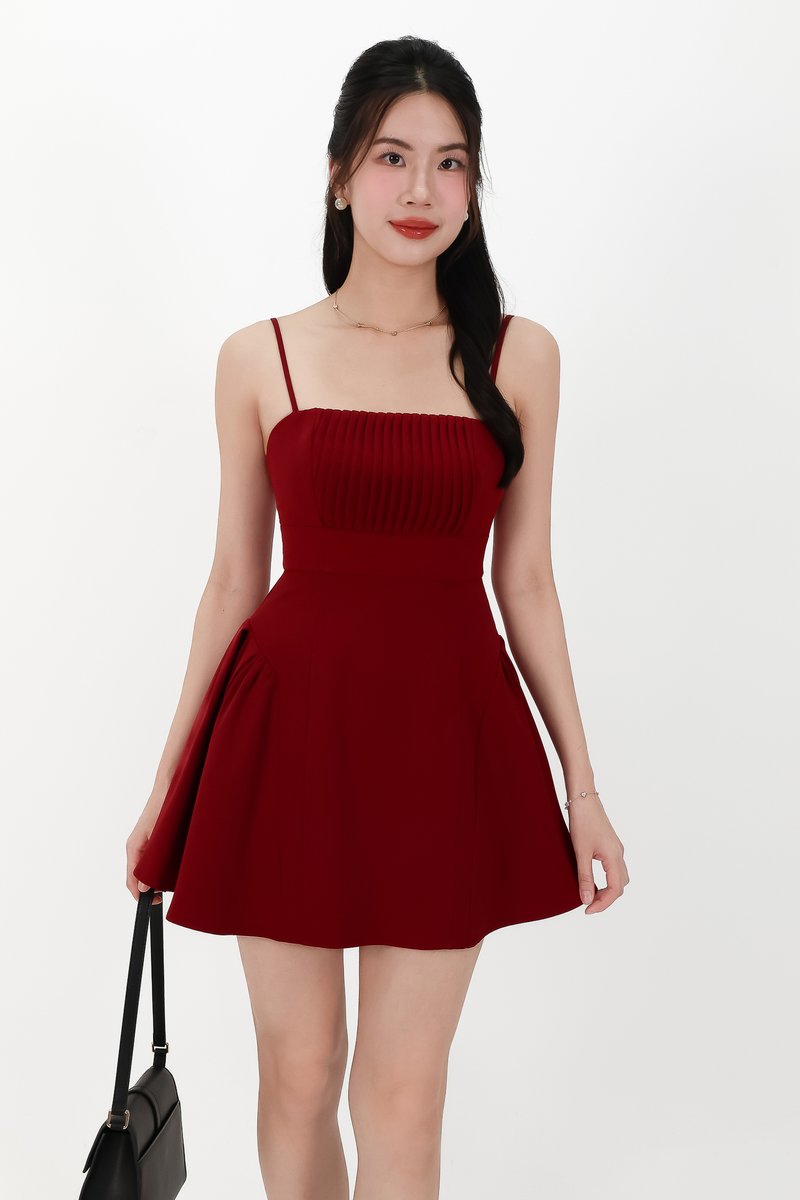 CNY2026 | Pleated Women Romper Dress in Dark Red