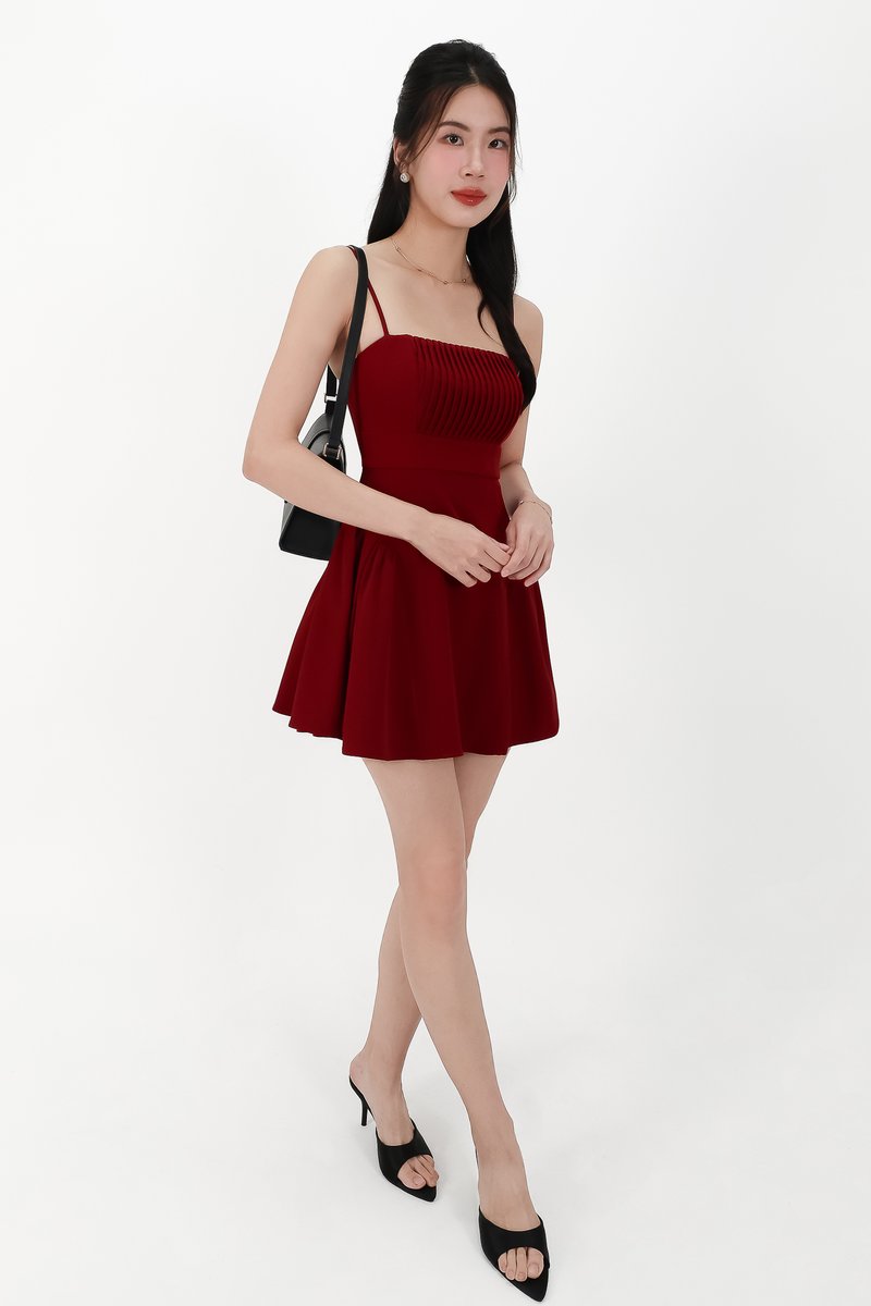 CNY2026 | Pleated Women Romper Dress in Dark Red