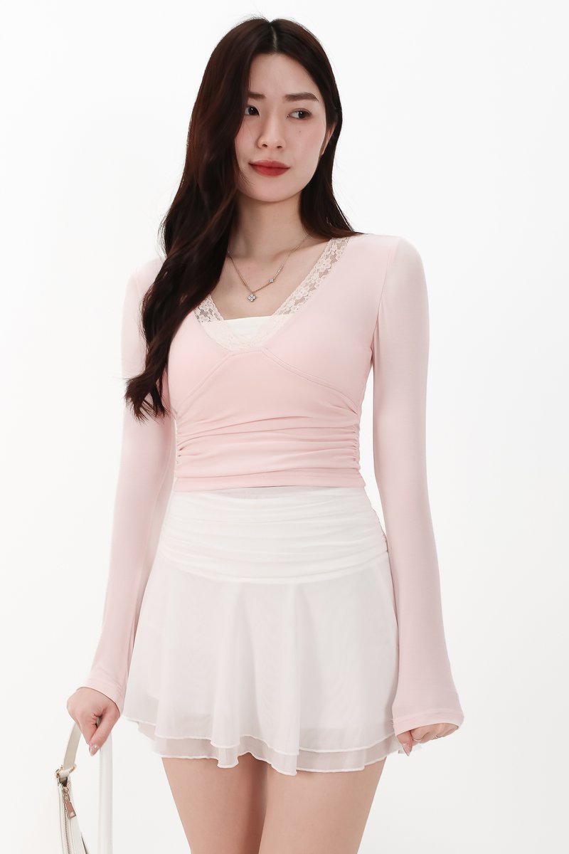 CNY2026 | Lilah Lace Trim Layered Sleeved Top in Light Pink x White