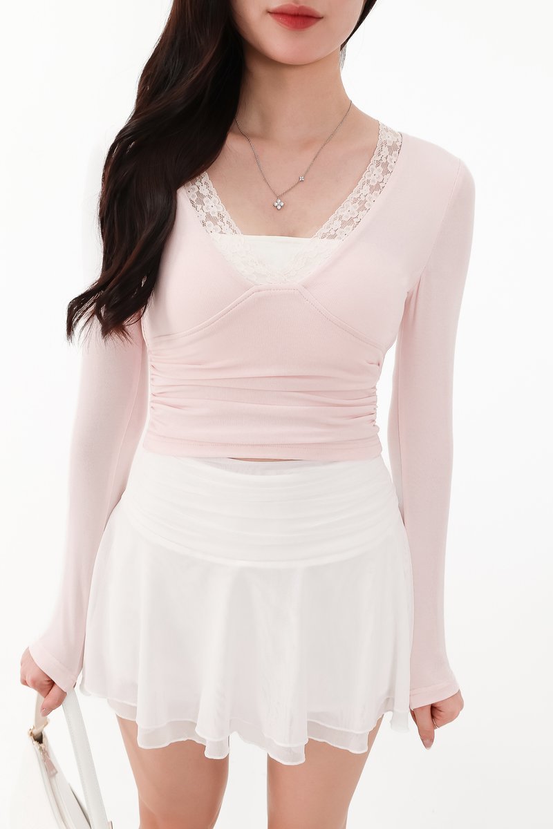 CNY2026 | Lilah Lace Trim Layered Sleeved Top in Light Pink x White