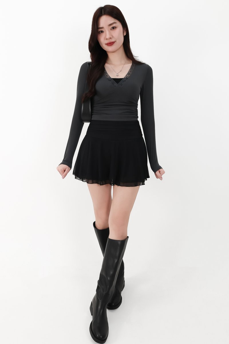 CNY2026 | Lilah Lace Trim Layered Sleeved Top in Dark Grey x Black