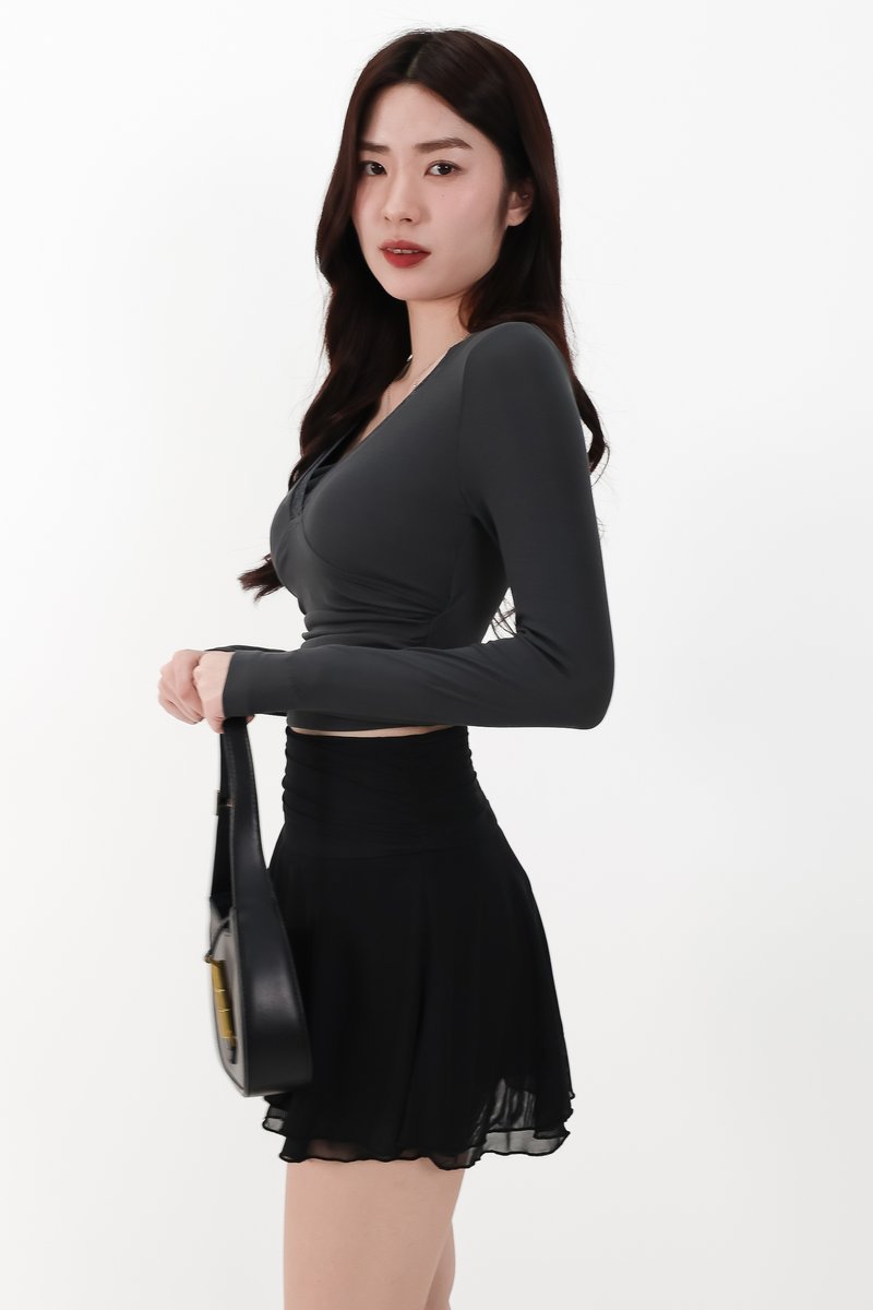 CNY2026 | Lilah Lace Trim Layered Sleeved Top in Dark Grey x Black