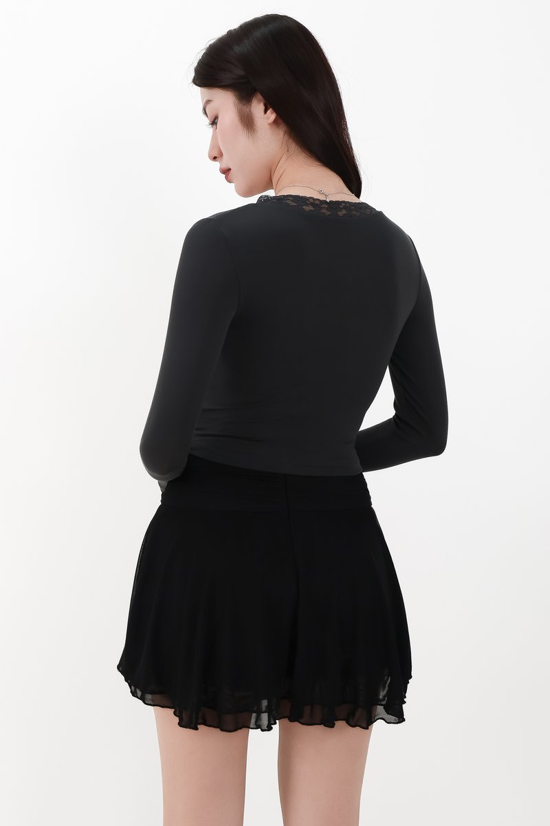 CNY2026 | Lilah Lace Trim Layered Sleeved Top in Dark Grey x Black