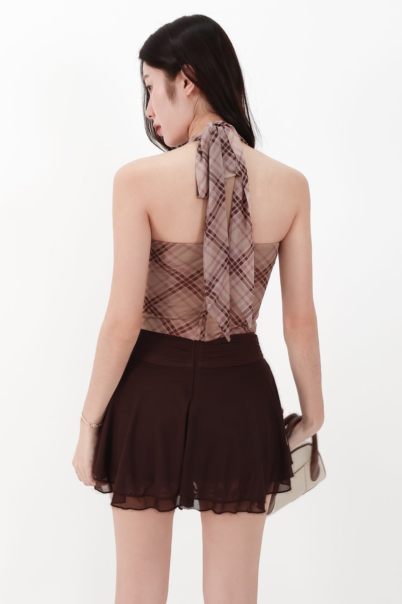 CNY2026 | Paria Plaid Mesh Halter Top in Brown