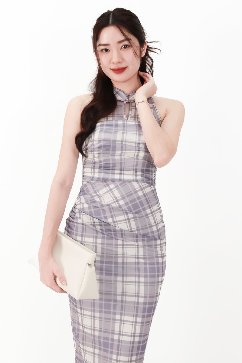 CNY2026 | Pei Plaid Mesh Cheongsam Dress in Soft Lilac