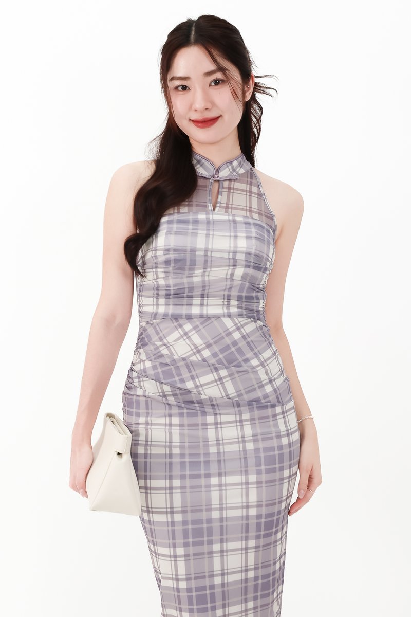 CNY2026 | Pei Plaid Mesh Cheongsam Dress in Soft Lilac