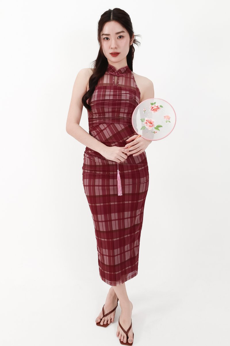 CNY2026 | Pei Plaid Mesh Cheongsam Dress in Dark Red