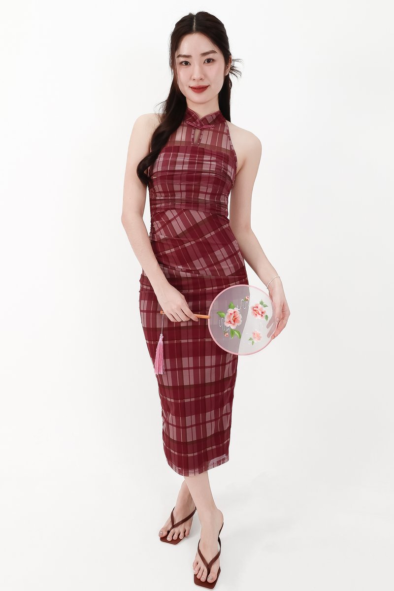 CNY2026 | Pei Plaid Mesh Cheongsam Dress in Dark Red