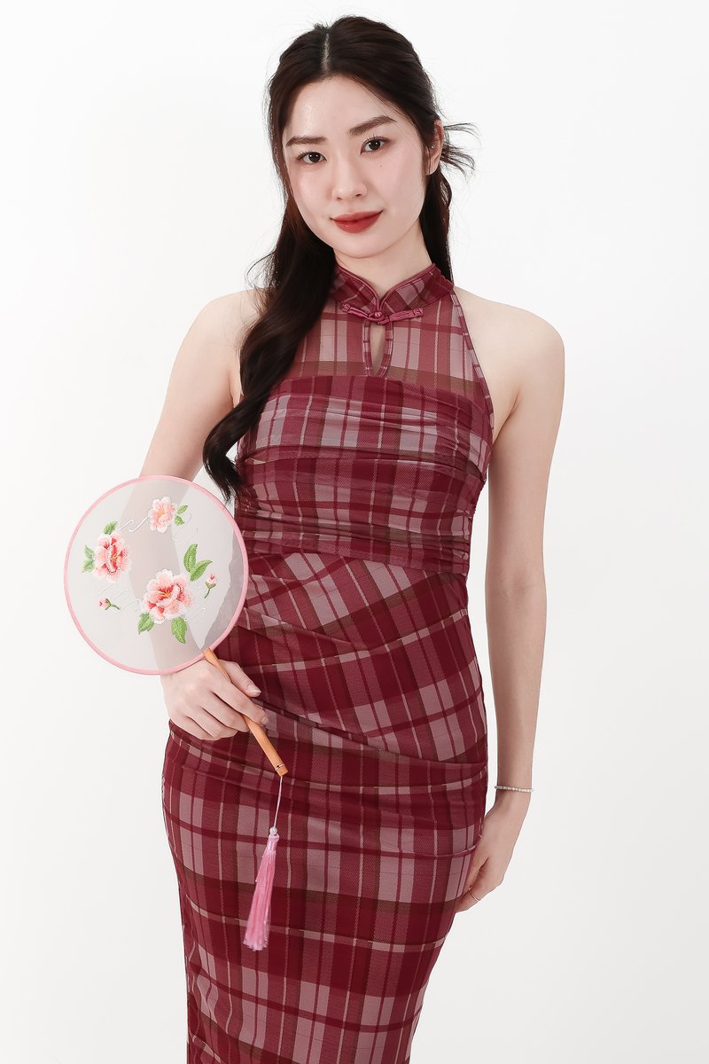 CNY2026 | Pei Plaid Mesh Cheongsam Dress in Dark Red