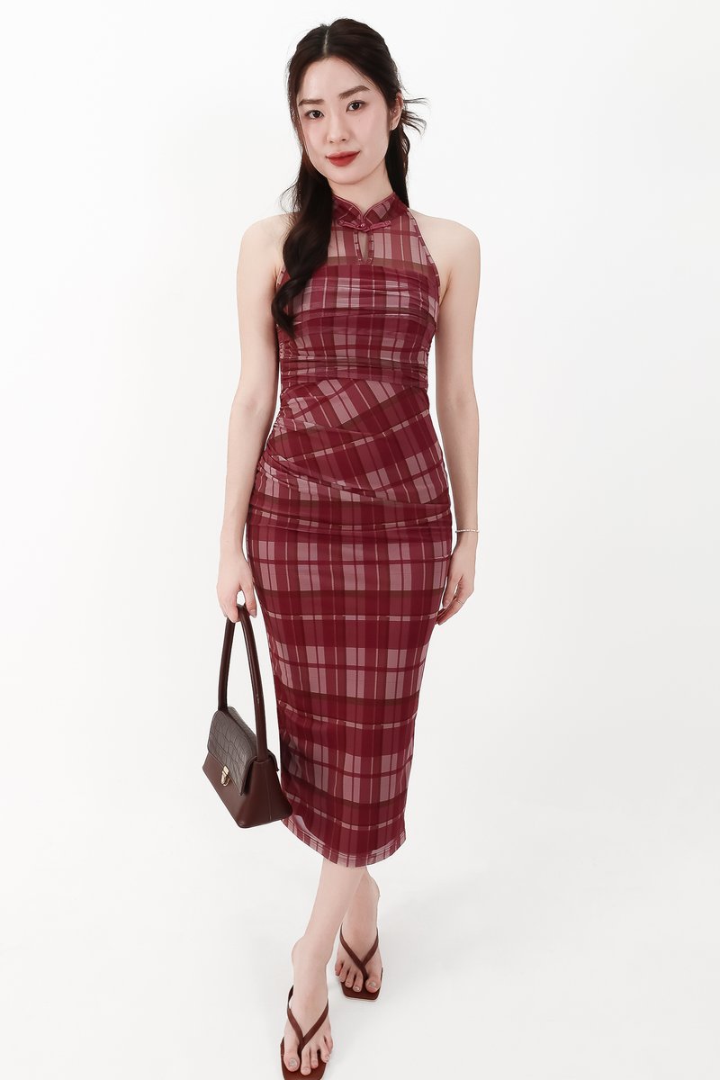 CNY2026 | Pei Plaid Mesh Cheongsam Dress in Dark Red