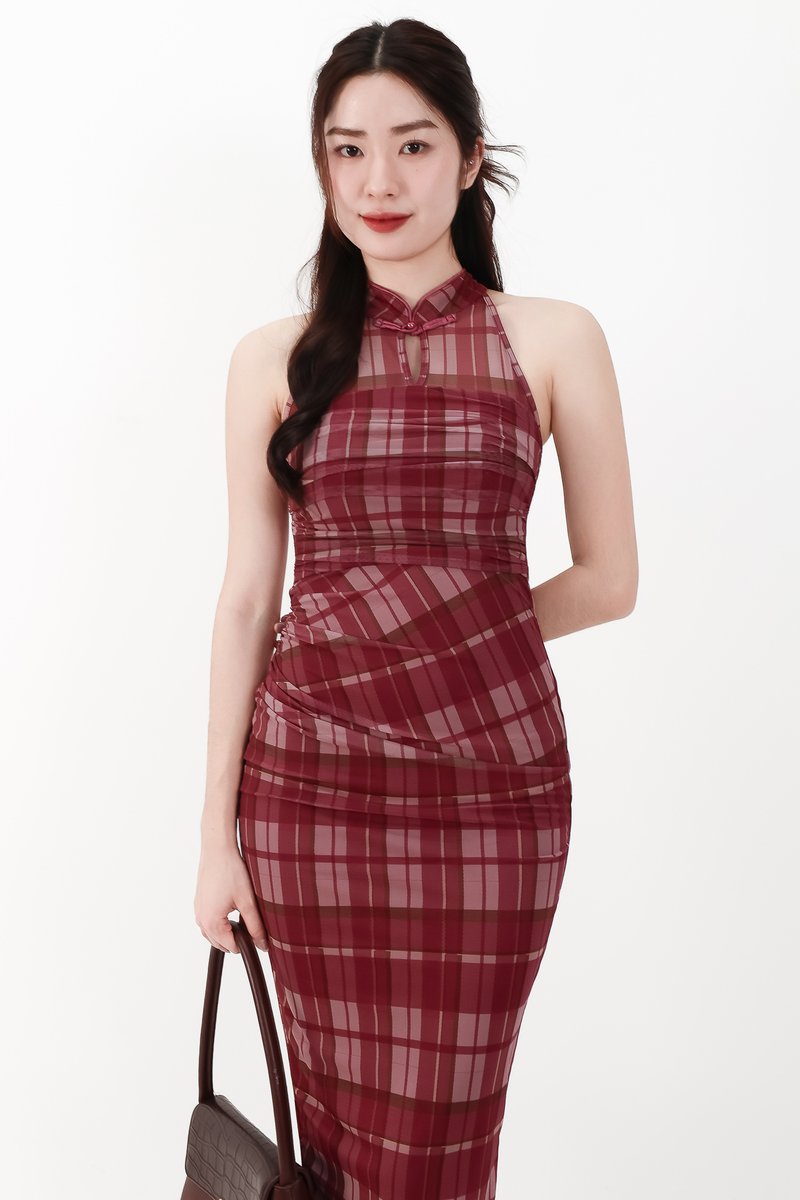 CNY2026 | Pei Plaid Mesh Cheongsam Dress in Dark Red