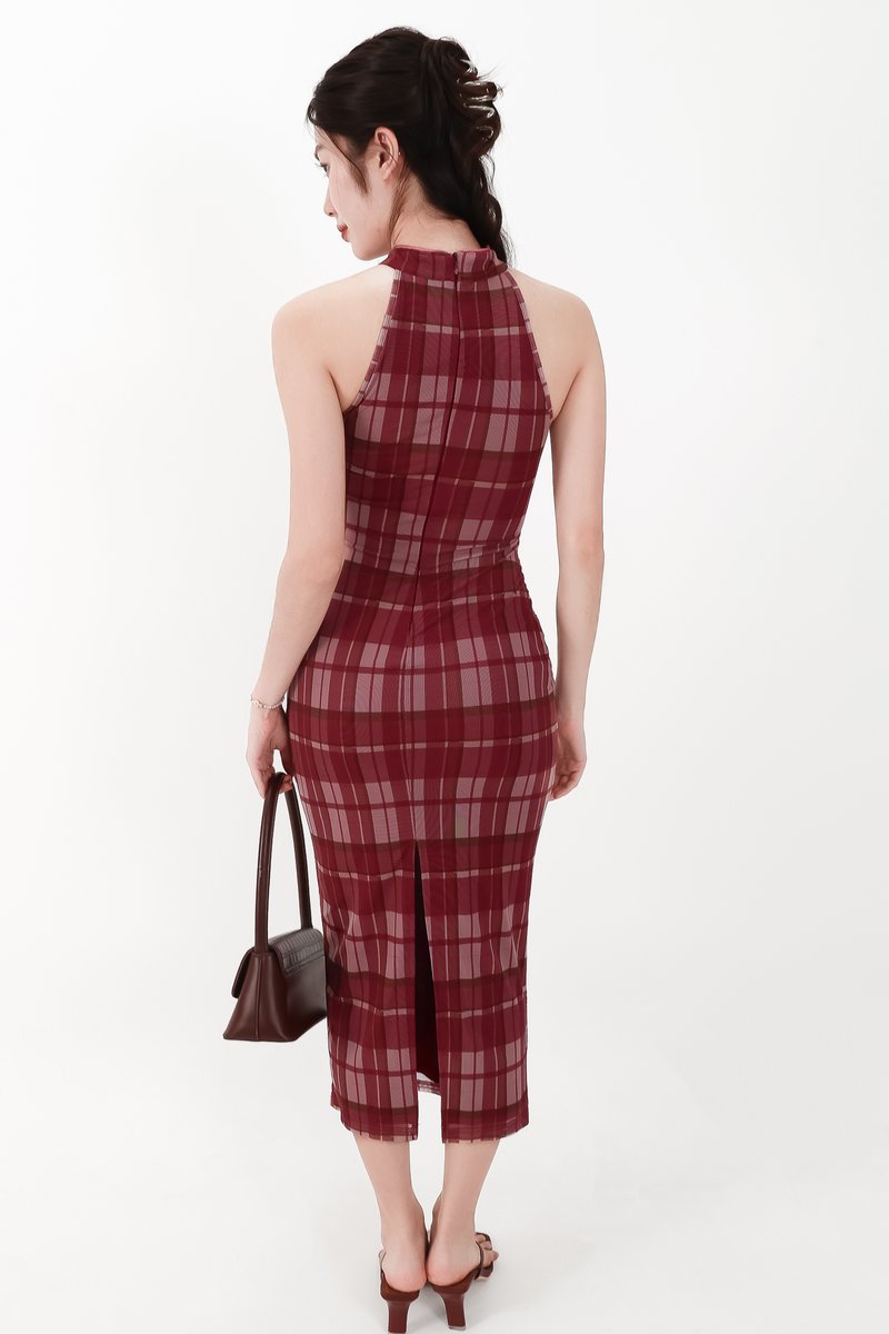 CNY2026 | Pei Plaid Mesh Cheongsam Dress in Dark Red