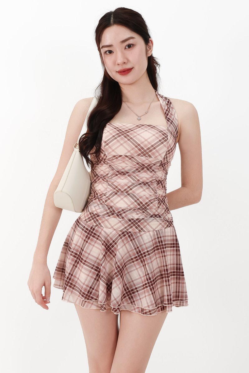 CNY2026 | Paria Plaid Mesh Halter Top in Cream