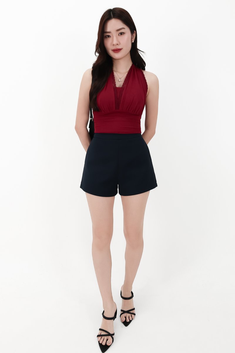 CNY2026 | Mansie Mesh x Lace Halter Top in Dark Red