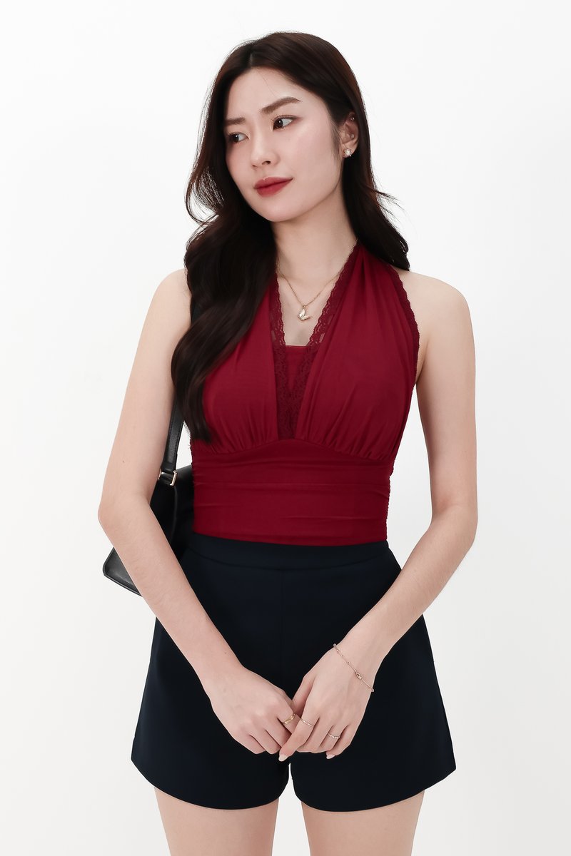 CNY2026 | Mansie Mesh x Lace Halter Top in Dark Red