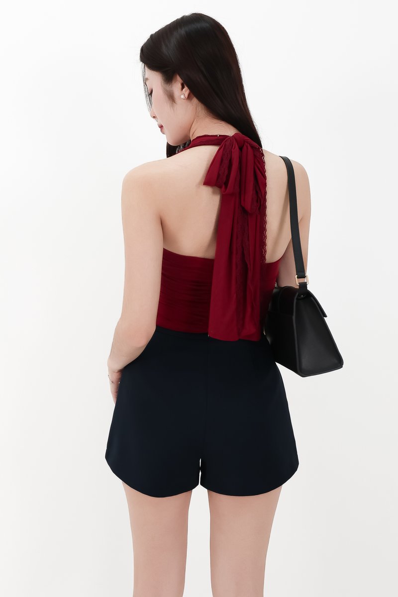 CNY2026 | Mansie Mesh x Lace Halter Top in Dark Red