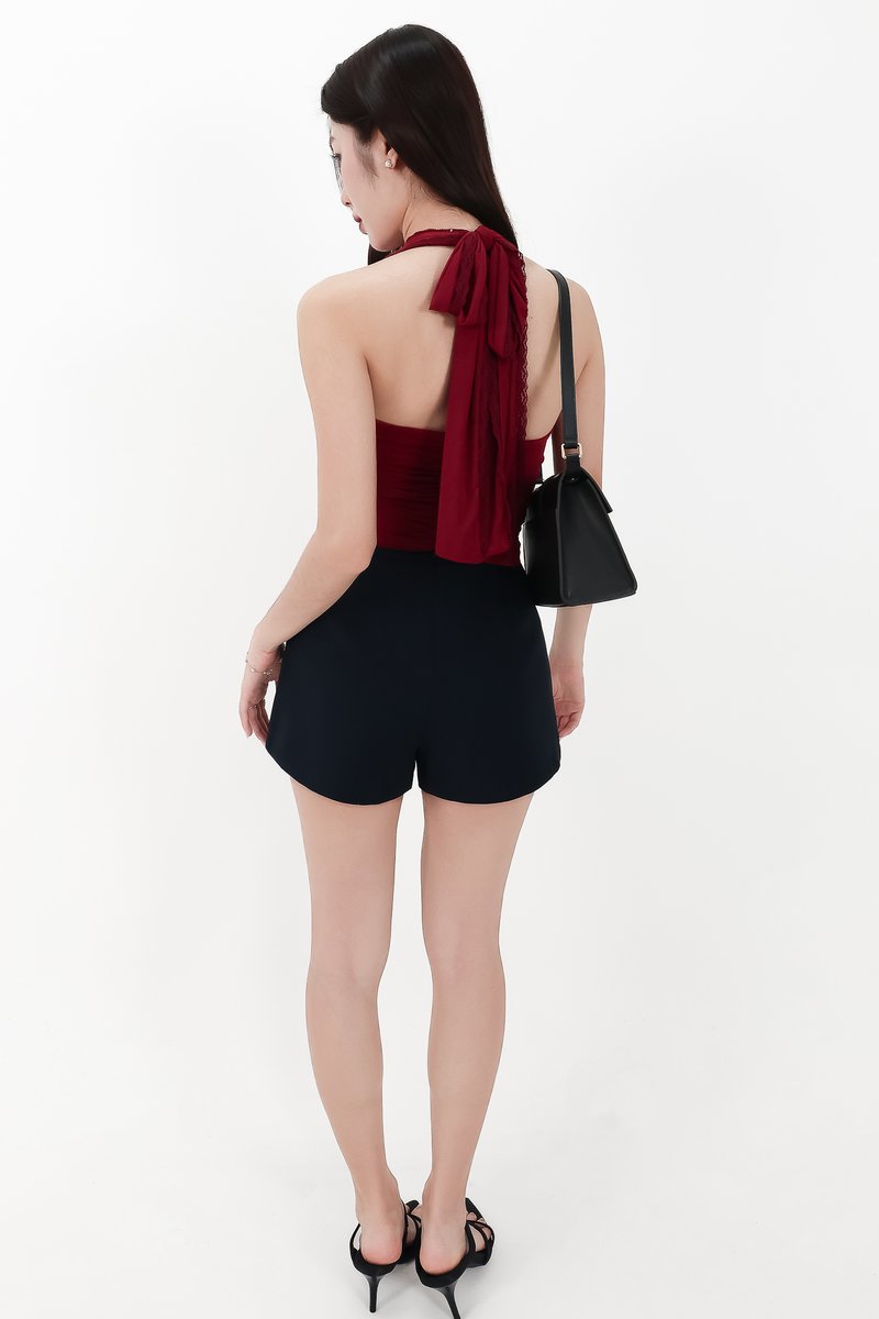 CNY2026 | Mansie Mesh x Lace Halter Top in Dark Red