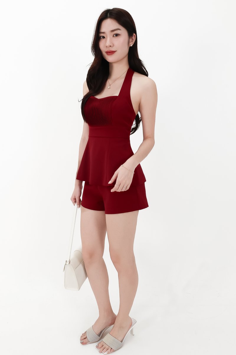 CNY2026 | Cherish Co-ord Pleat Halter Top in Dark Red