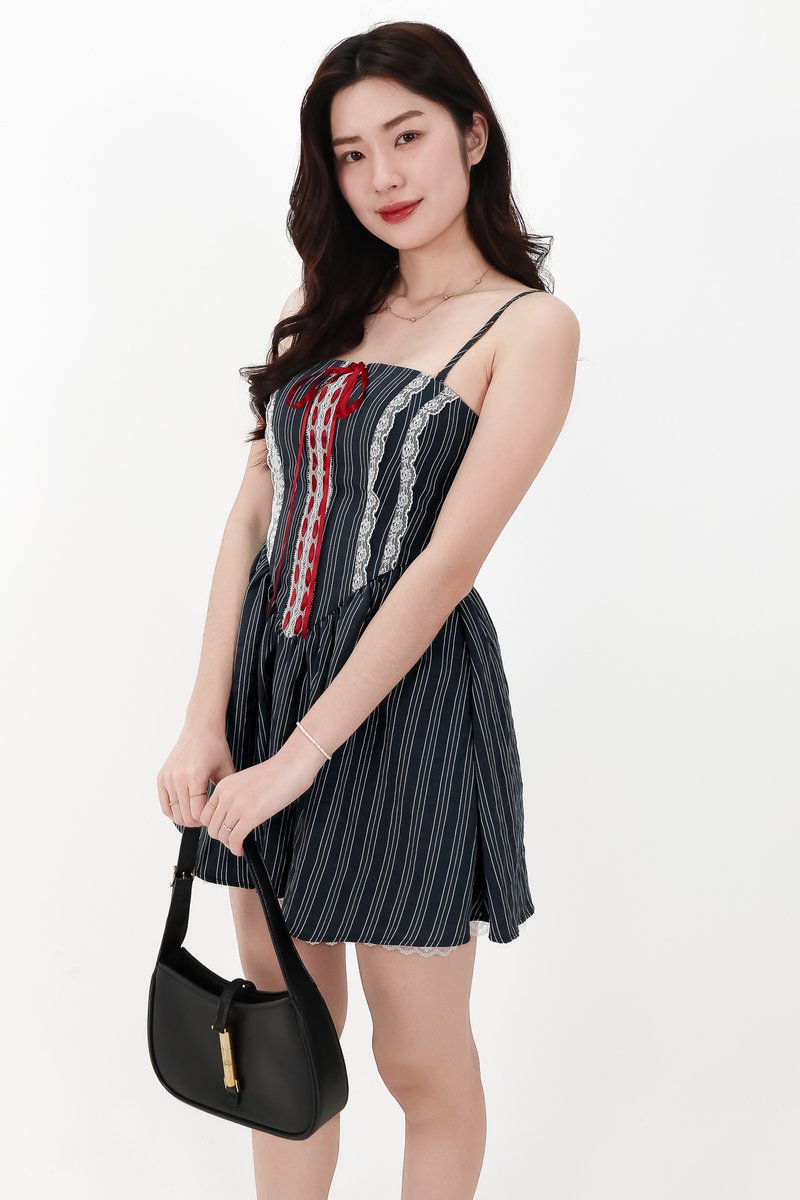 CNY2026 | Sabby Stripes Lace Romper Dress in Midnight