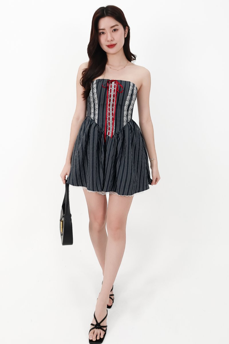 CNY2026 | Sabby Stripes Lace Romper Dress in Midnight