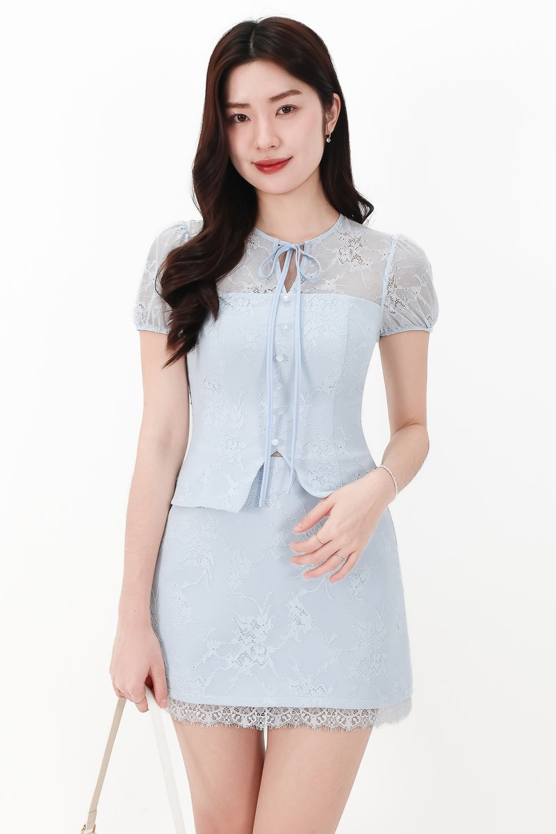 CNY2026 | Lorelle Lace Sleeved Puffy Sleeve Top in Light Blue