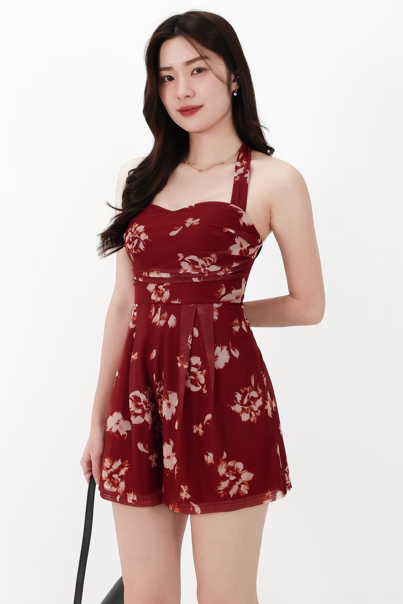 CNY2026 | Faerie Floral Mesh Romper in Dark Red