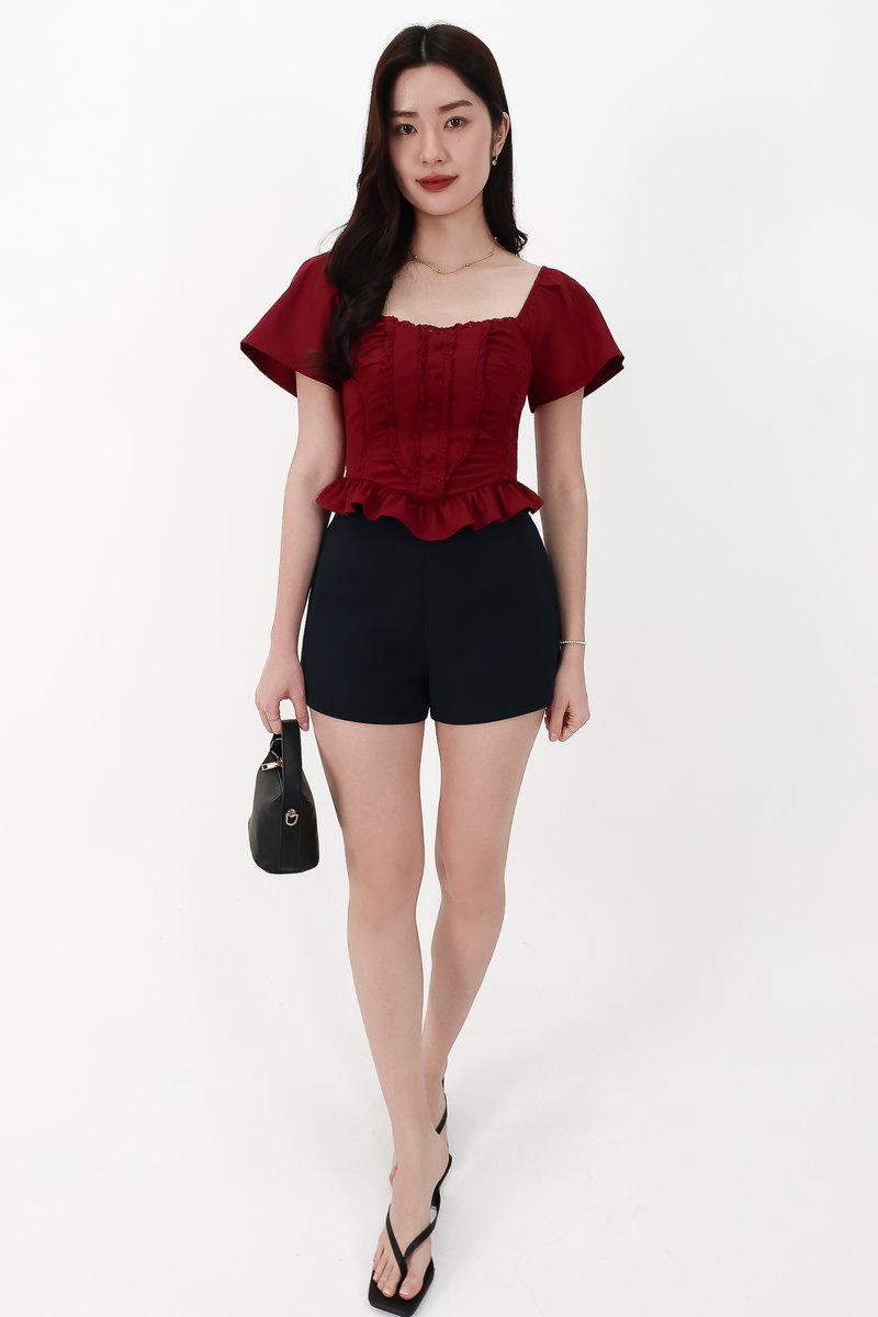 CNY2026 | Fora Flutter Sleeve Sweetheart Top in Dark Red