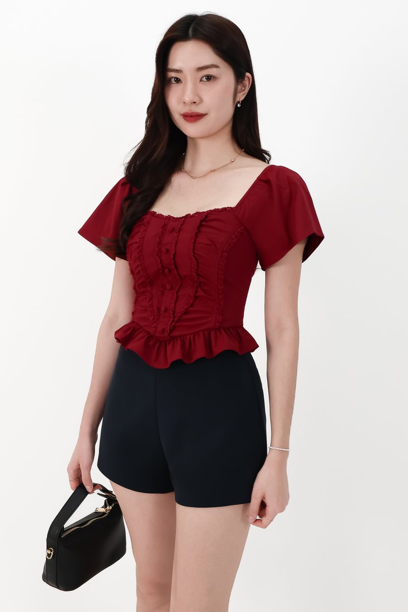 CNY2026 | Fora Flutter Sleeve Sweetheart Top in Dark Red