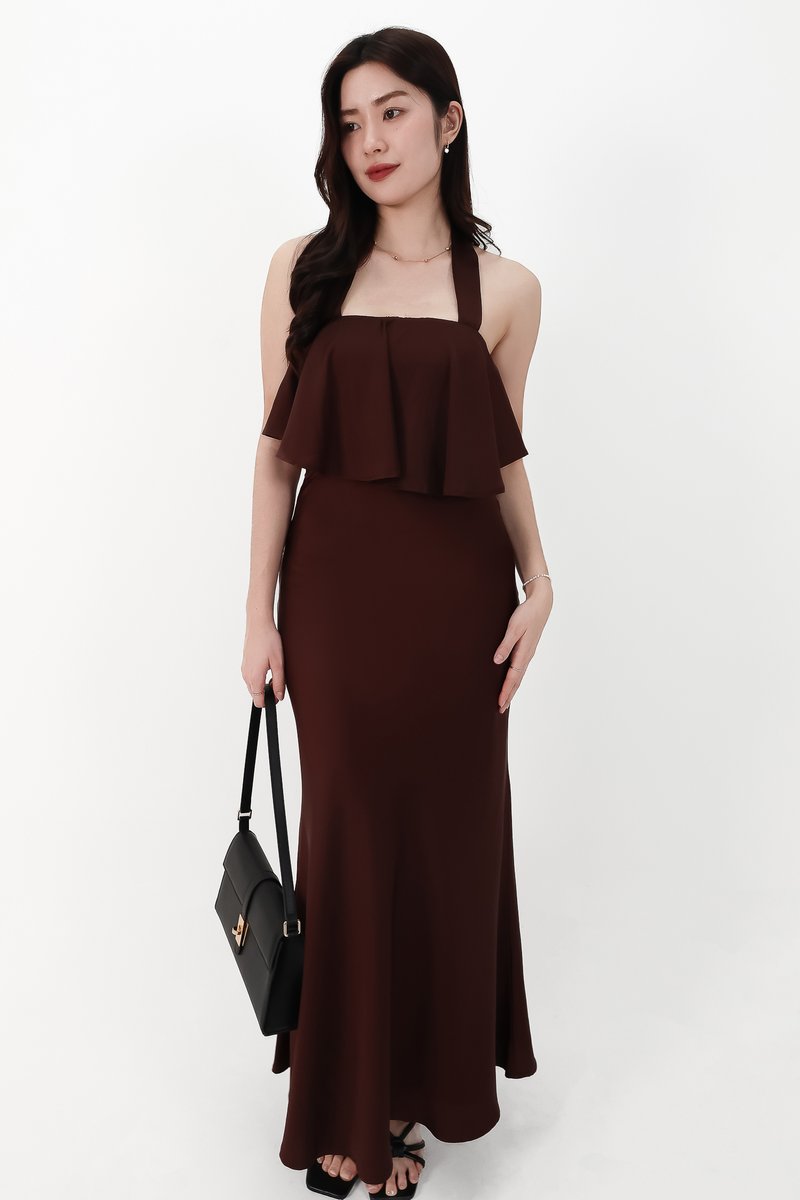 CNY2026 | Stephanie Satin Co-ord Maxi Skirt in Dark Brown ( Regular Length )
